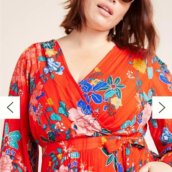 Anthropologie Red Floral Faux-Wrap Dress - Picture 4 of 9